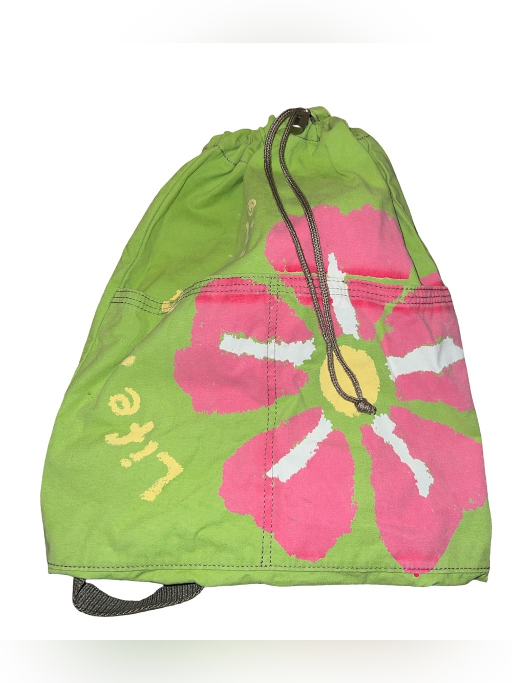 Life is Good Pink Daisy Green Canvas Drawstring Backpack Front Pockets